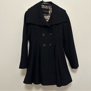 Betsey Johnson Black Wool Pleated Double Breasted Pea Coat Size 2 academia